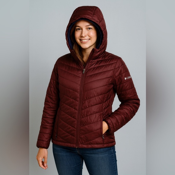 Columbia Womens Omni-Heat Insulated Hooded Burgundy Jacket L Winter Outdoor - Picture 1 of 17